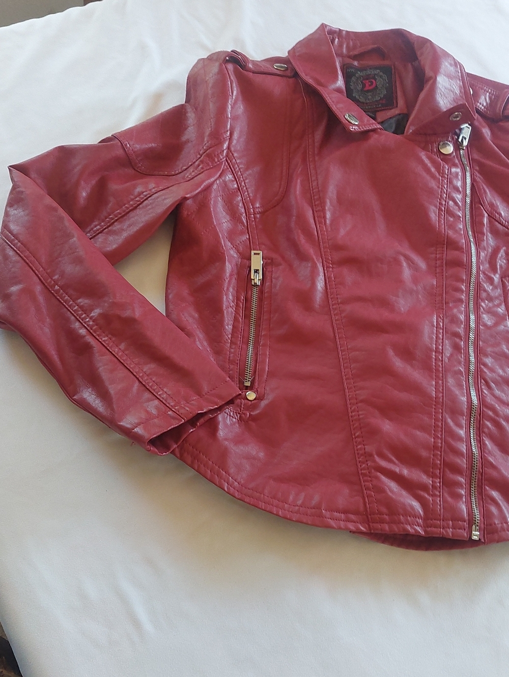 Dollhouse Dark Red Faux Leather Moto Jacket with Asymmetrical Zip.Size Large.